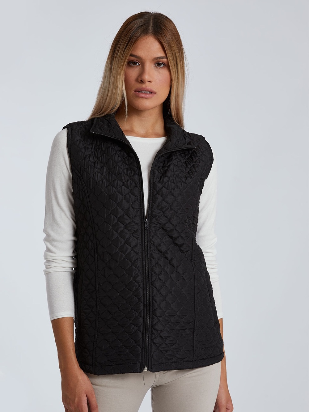 Lands’ End Black Quilted Vest Women’s Large Full Zip Textured Layering